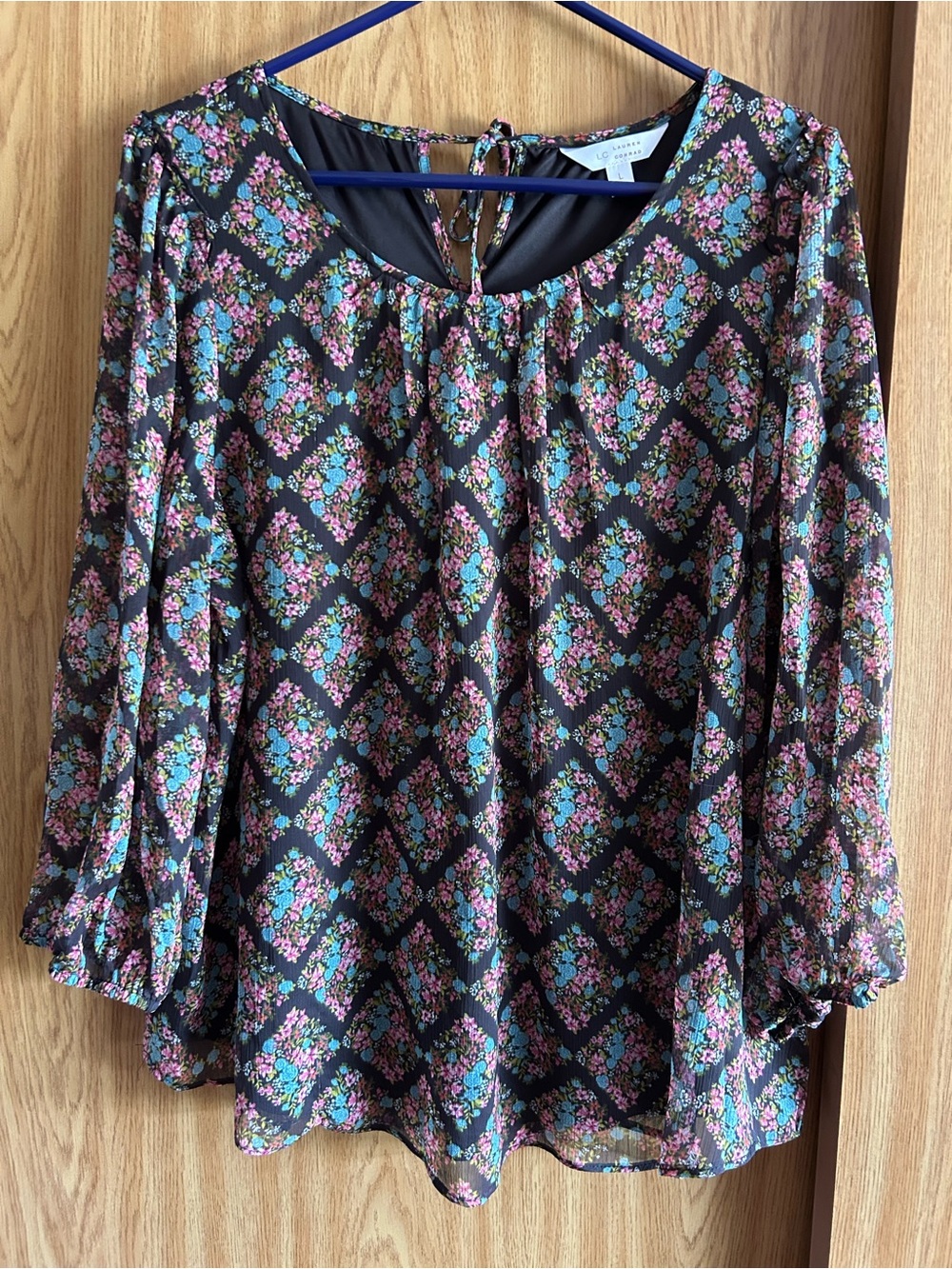 LC Lauren Conrad Black Floral Peasant Blouse with Pink and Blue Accents